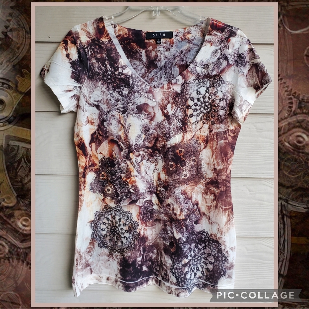 B.L.E.U Mixed Graphic Printed Steampunk Gears Embellished Burn-out Tee Tunic Top